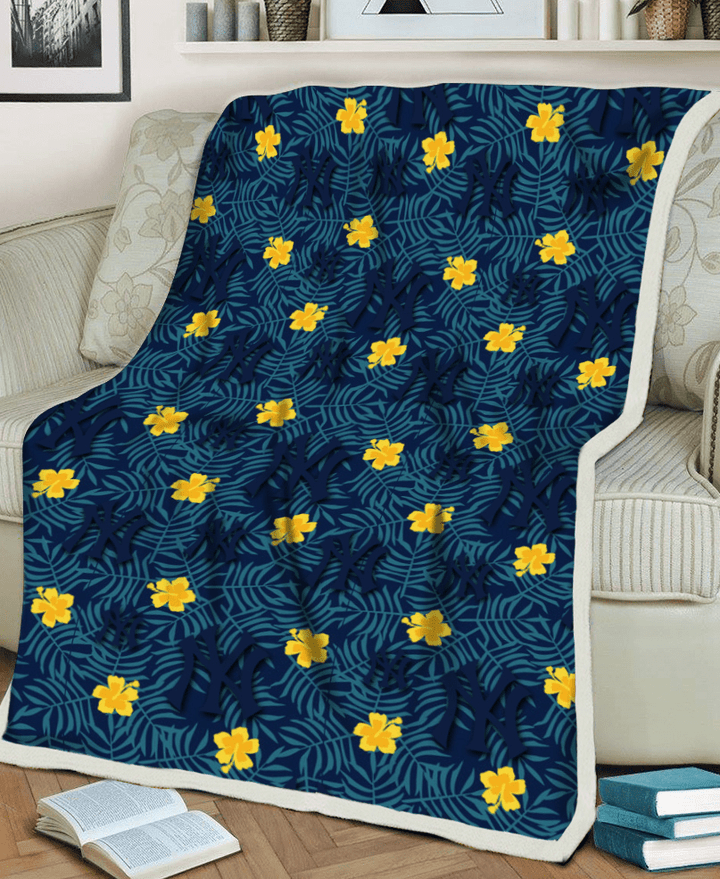 NYY Yellow Hibiscus Cadet Blue Leaf Navy Background 3D Fleece Sherpa Blanket