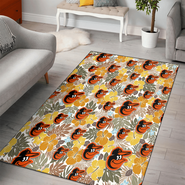 BAL Brown Yellow Hibiscus White Background Printed Area Rug