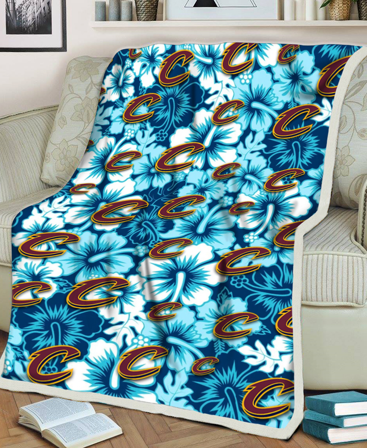 CLE White Blue Hibiscus Blue Background 3D Fleece Sherpa Blanket