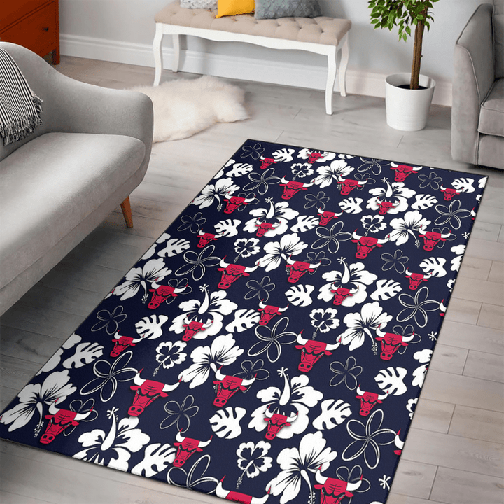 CHI Bulls White Hibiscus Sketch Porcelain Flower Navy Background Printed Area Rug