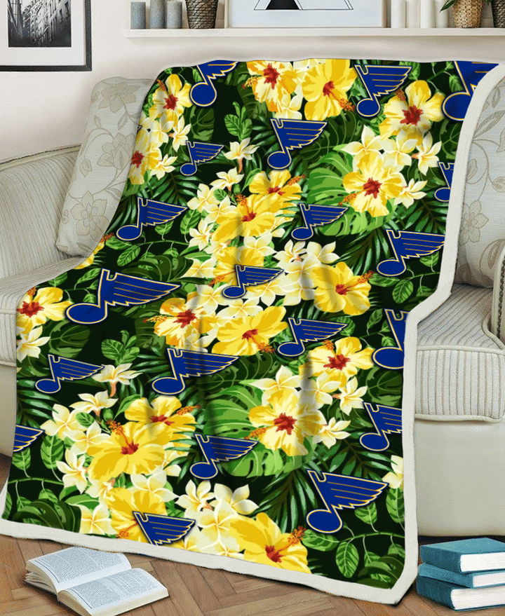 STL Yellow Hibiscus Tropical Green Leaf Black Background 3D Fleece Sherpa Blanket
