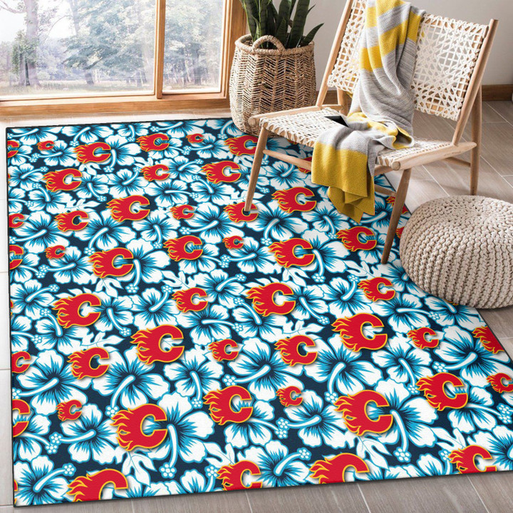 CGY Blue Line White Hibiscus Black Background Printed Area Rug