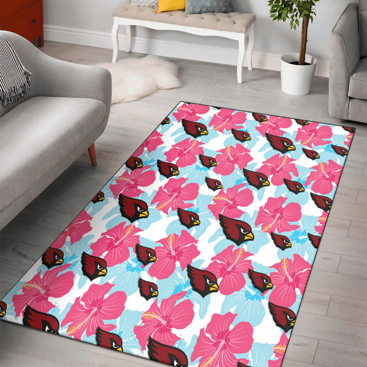ARZ Pink Blue Hibiscus White Background Printed Area Rug
