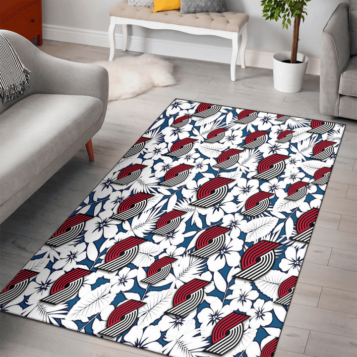 POR White Hibiscus And Leaves Blue Background Printed Area Rug