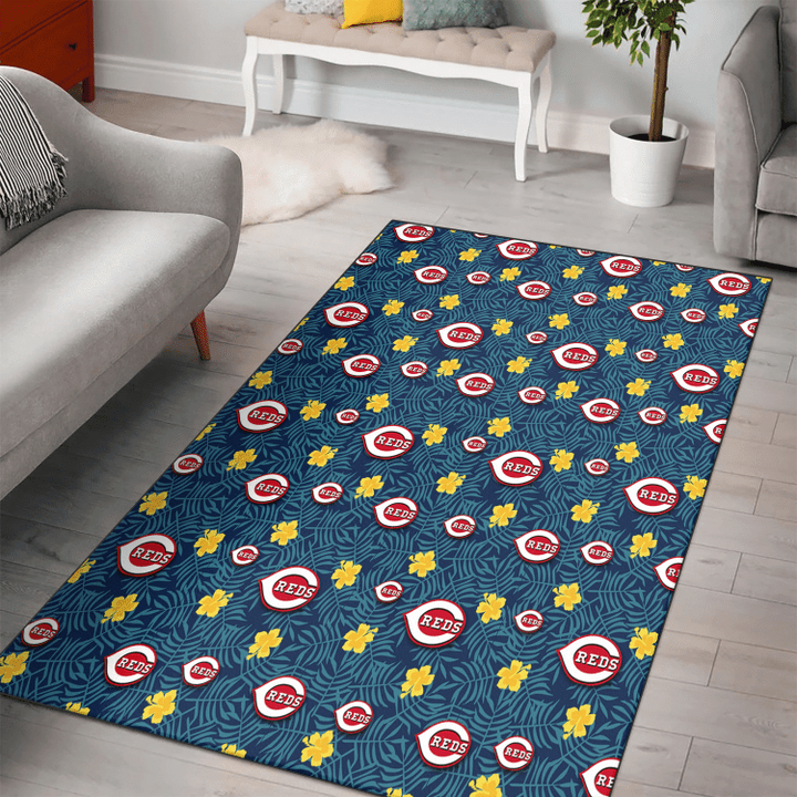 CIN Yellow Hibiscus Cadet Blue Leaf Navy Background Printed Area Rug