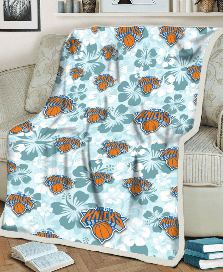 New York Knicks Pale Turquoise Hibiscus Light Cyan Background 3D Fleece Sherpa Blanket