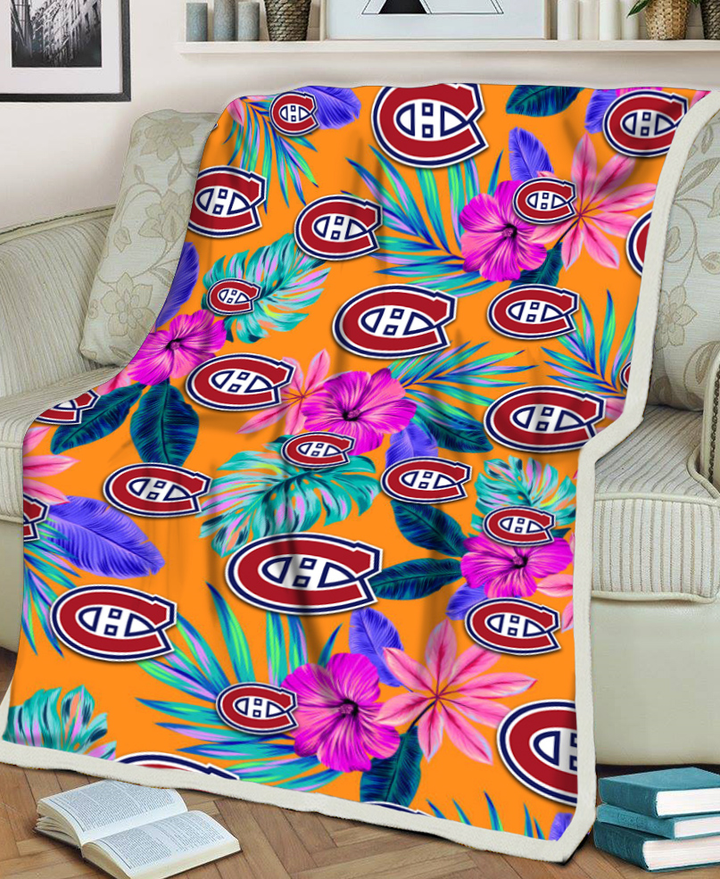 Montreal Canadiens Purple Hibiscus Neon Leaf Orange Background 3D Fleece Sherpa Blanket