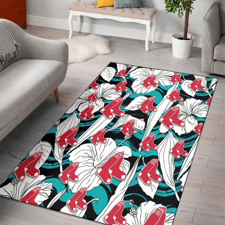BOS White Hibiscus Turquoise Wave Black Background Printed Area Rug