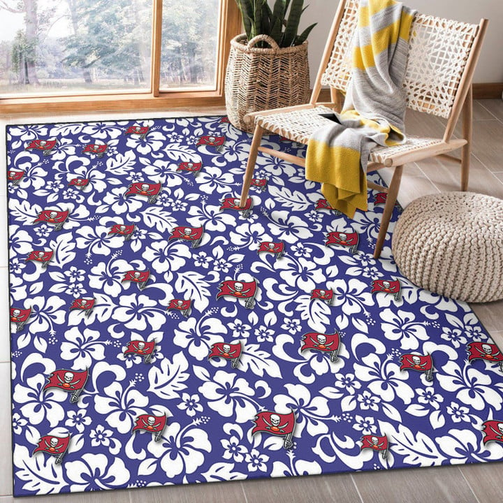 TB White Hibiscus Pattern Slate Blue Background Printed Area Rug