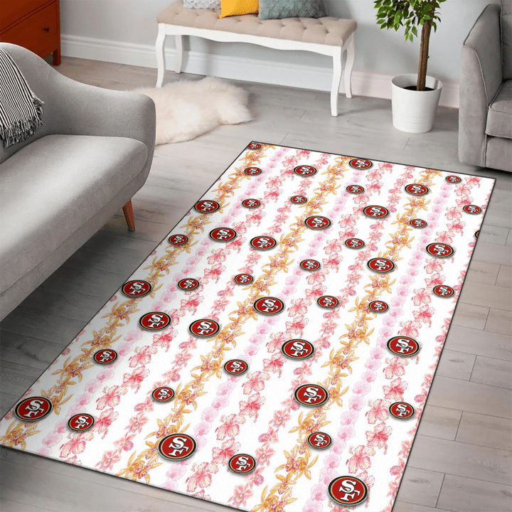 SF Pink Hibiscus Yellow Pink Orchid White Background Printed Area Rug