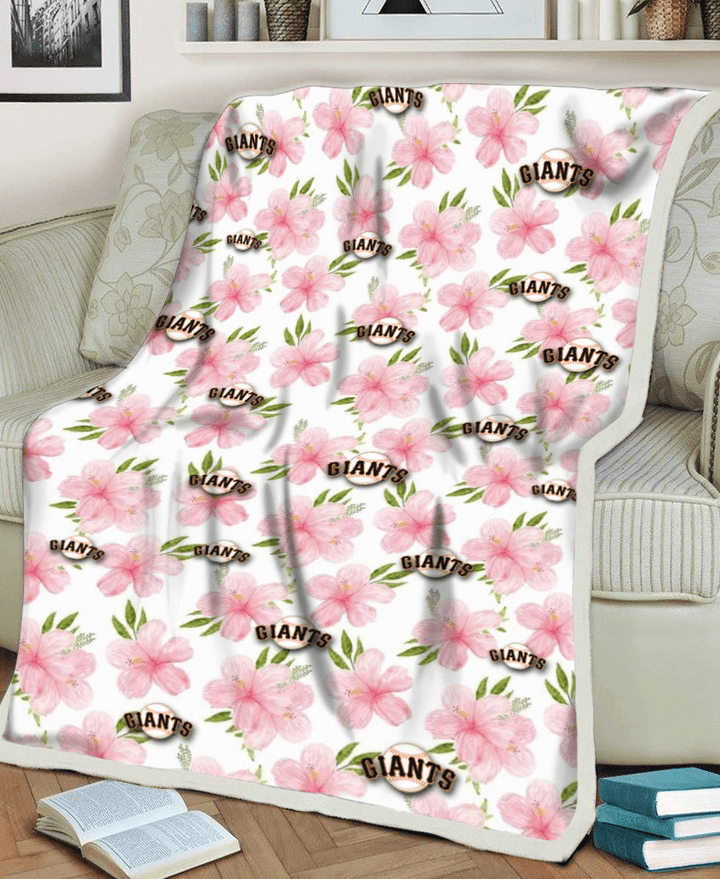 SF Light Pink Hibiscus White Background 3D Fleece Sherpa Blanket