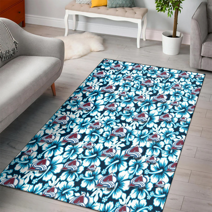 COL Blue Line White Hibiscus Black Background Printed Area Rug