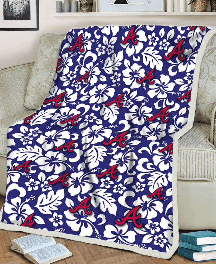Atlanta Braves White Hibiscus Pattern Slate Blue Background 3D Fleece Sherpa Blanket
