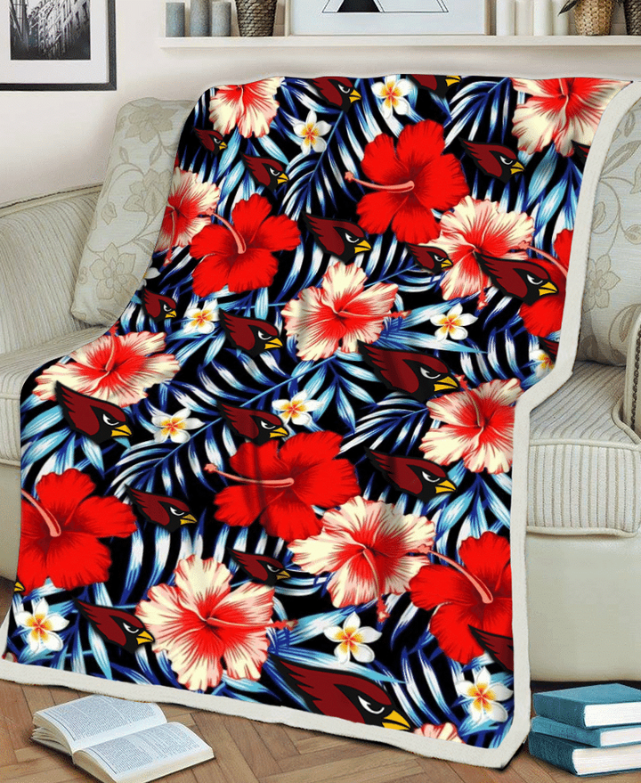 ARZ Coral Red Hibiscus Blue Palm Leaf Black Background 3D Fleece Sherpa Blanket