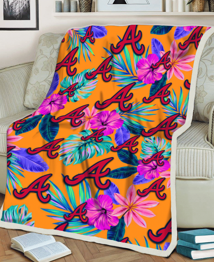Atlanta Braves Purple Hibiscus Neon Leaf Orange Background 3D Fleece Sherpa Blanket