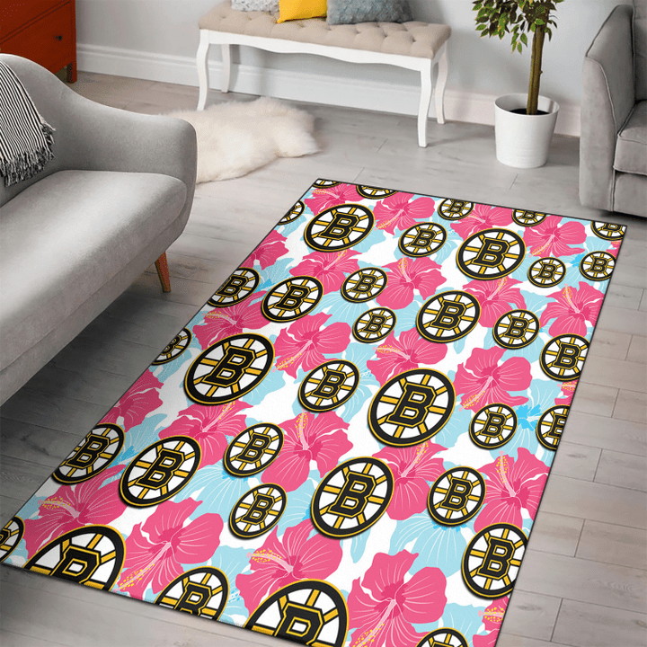 BOS Pink Blue Hibiscus White Background Printed Area Rug