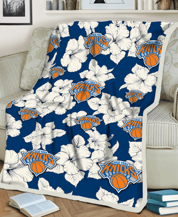 New York Knicks White Big Hibiscus Blue Background 3D Fleece Sherpa Blanket