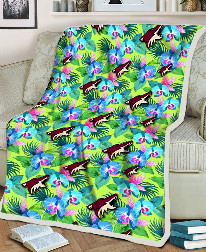 ARI Blue Orchid Green Pink Leaf Green Background 3D Fleece Sherpa Blanket