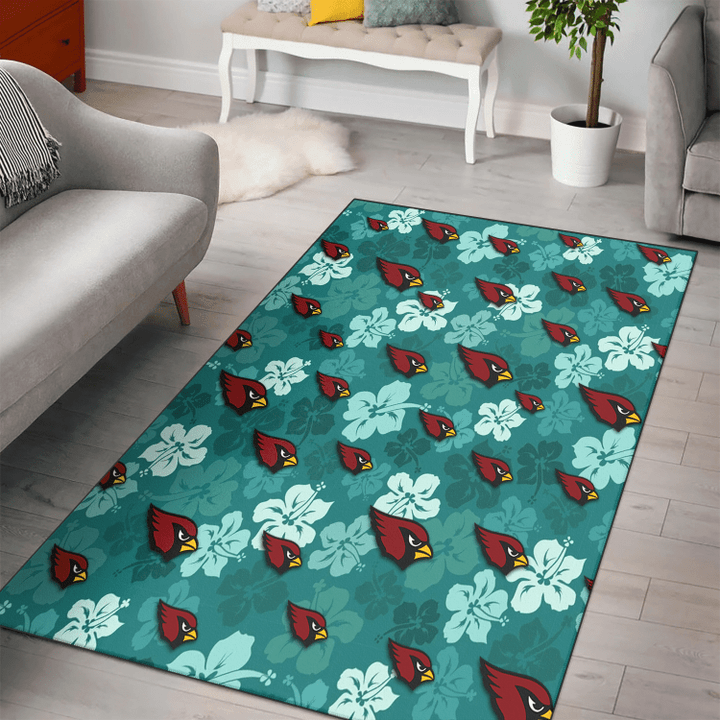 ARZ Light Sea Green Hibiscus Green Background Printed Area Rug