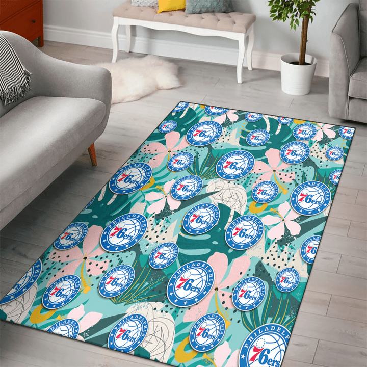 PHI 76ers Pastel Hibiscus Palm Leaf Tiny Dot Green Background Printed Area Rug