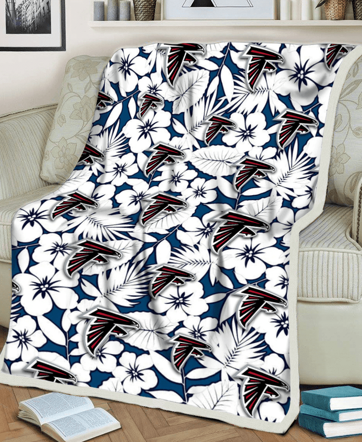 ATL White Hibiscus And Leaves Blue Background 3D Fleece Sherpa Blanket