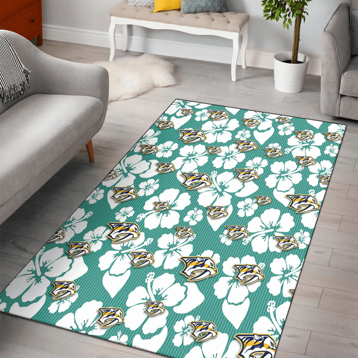 NSH White Hibiscus Turquoise Stripe Background Printed Area Rug