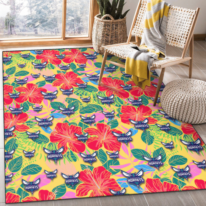 CHA Red Hibiscus Green Blue Leaf Yellow Background Printed Area Rug