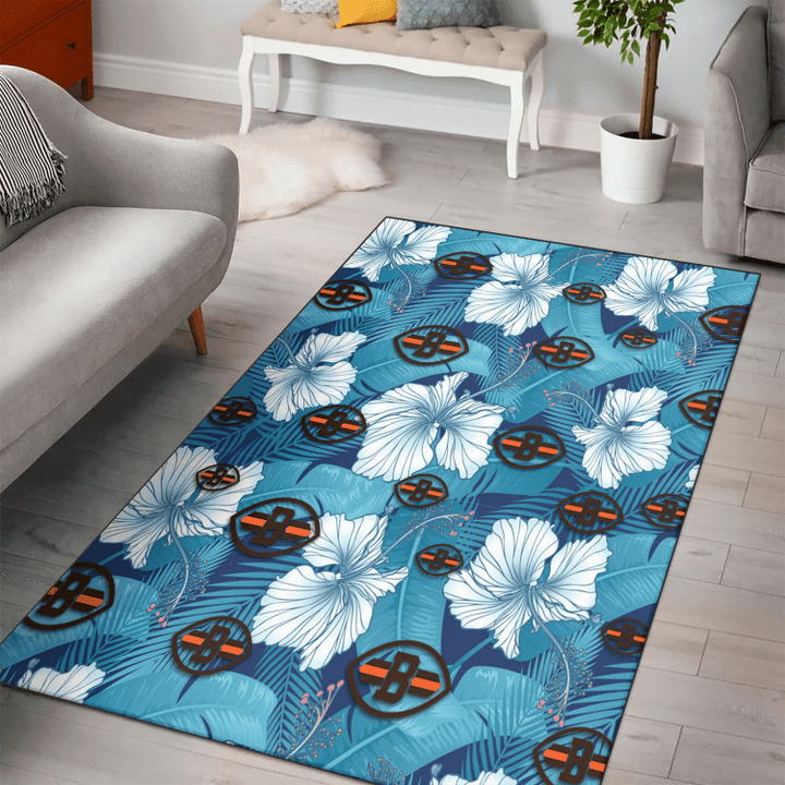 CLV White Hibiscus Turquoise Banana Leaf Navy Background Printed Area Rug