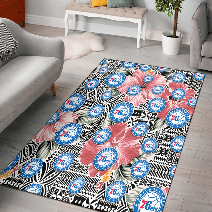 PHI 76ers Pink Hibiscus Black Pattern White Background Printed Area Rug