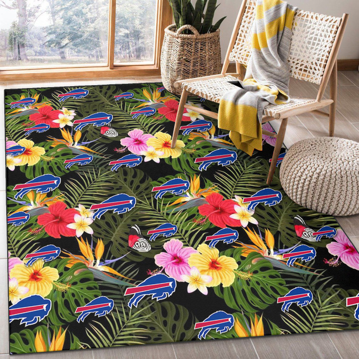 BUF Colorful Hibiscus Green Leaf Back Background Printed Area Rug