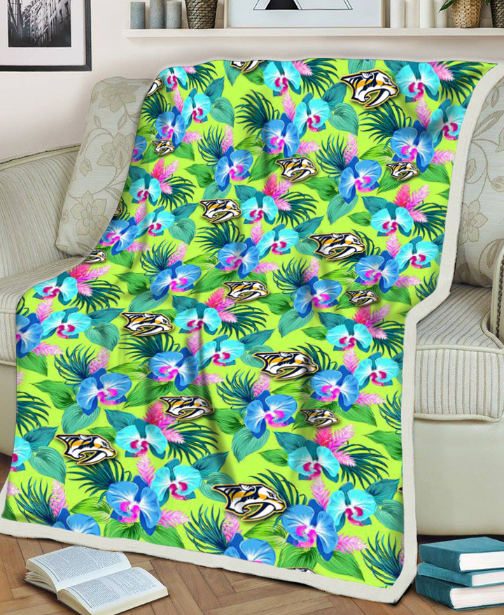 NSH Blue Orchid Green Pink Leaf Green Background 3D Fleece Sherpa Blanket