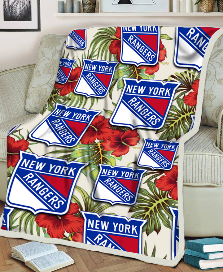 NYR Red Hibiscus Green Tropical Leaf Cream Background 3D Fleece Sherpa Blanket