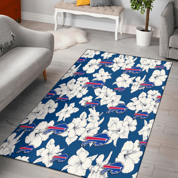 BUF White Big Hibiscus Blue Background Printed Area Rug