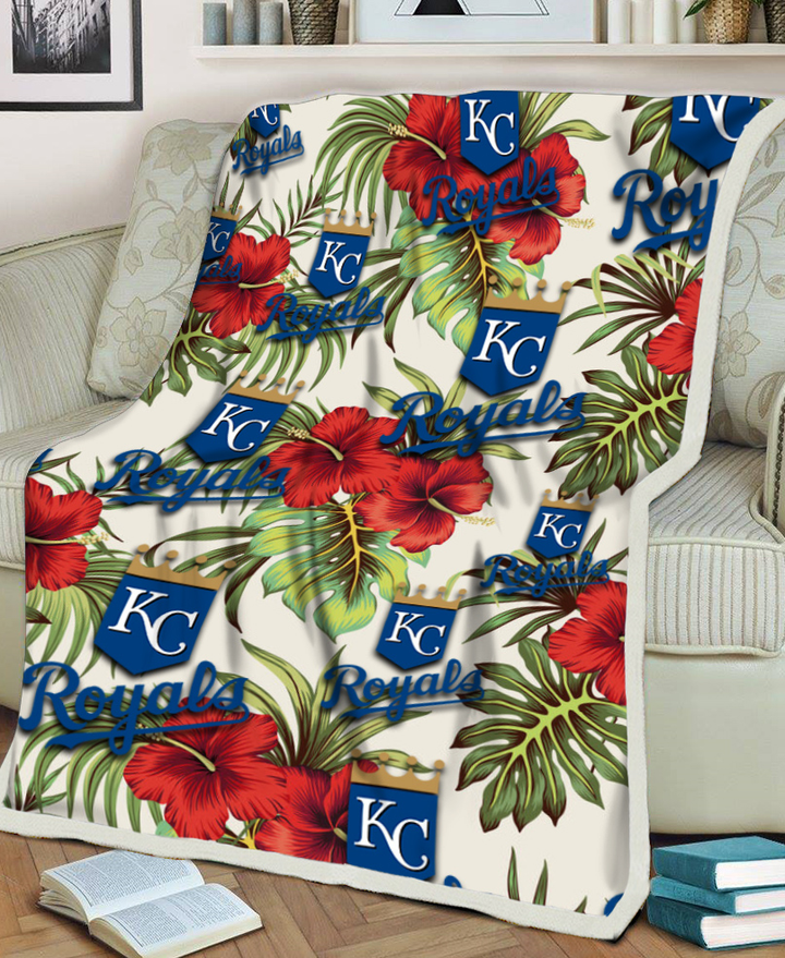 Kansas City Royals Red Hibiscus Green Tropical Leaf Cream Background 3D Fleece Sherpa Blanket