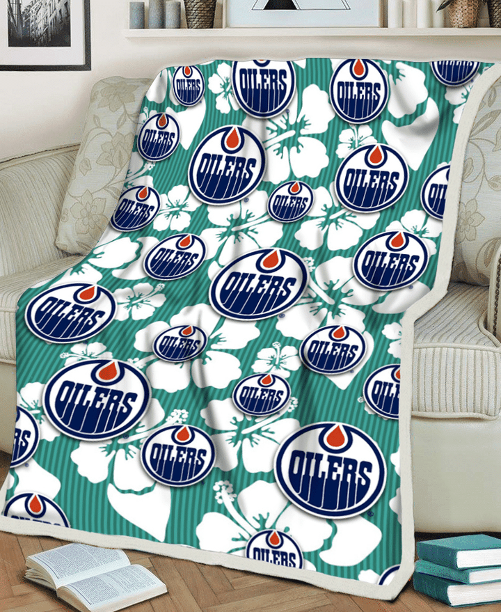 EDM Oilers White Hibiscus Turquoise Stripe Background 3D Fleece Sherpa Blanket