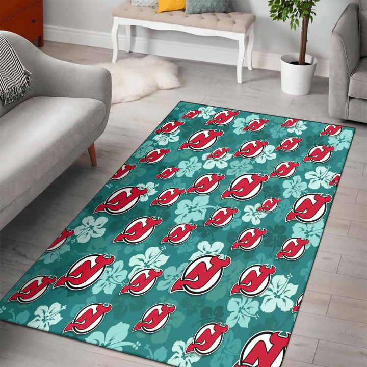 NJD Light Sea Green Hibiscus Green Background Printed Area Rug