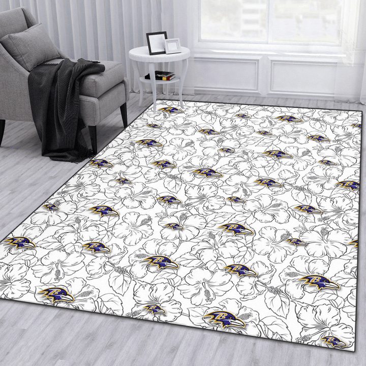 BAL White Sketch Hibiscus Pattern White Background Printed Area Rug
