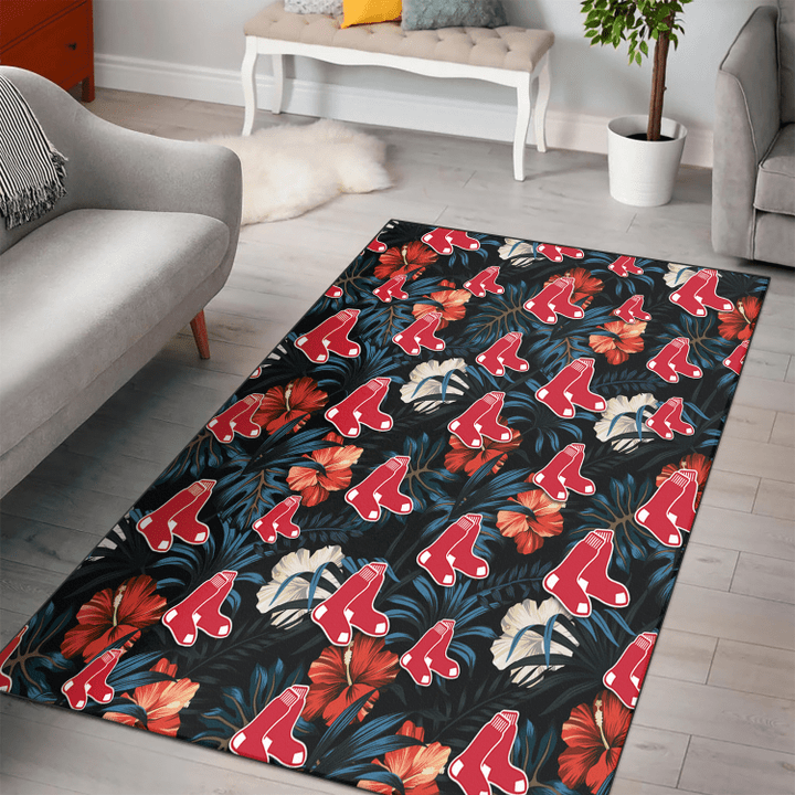 BOS Red And White Hibiscus Dark Leaf Black Background Printed Area Rug