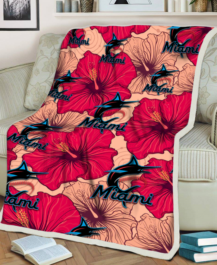 Miami Marlins Red Beige Hibiscus Beige Background 3D Fleece Sherpa Blanket