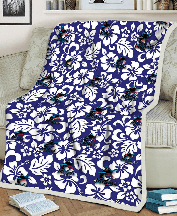 Miami Marlins White Hibiscus Pattern Slate Blue Background 3D Fleece Sherpa Blanket