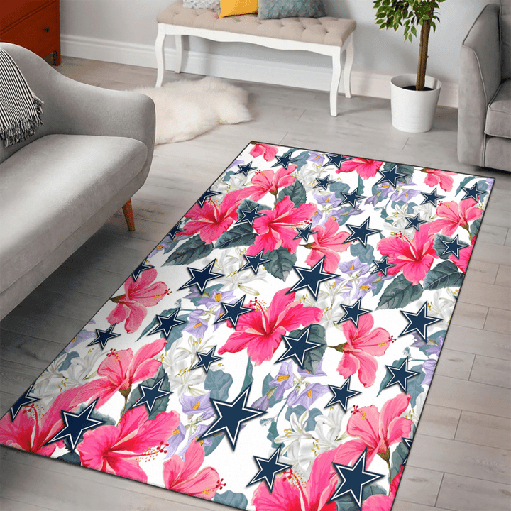 Dallas Cowboys Pink Hibiscus White Orchid White Background Printed Area Rug