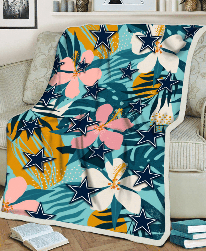 Dallas Cowboys Pastel Color Hibiscus Tropical Leaves Light Green Background 3D Fleece Sherpa Blanket