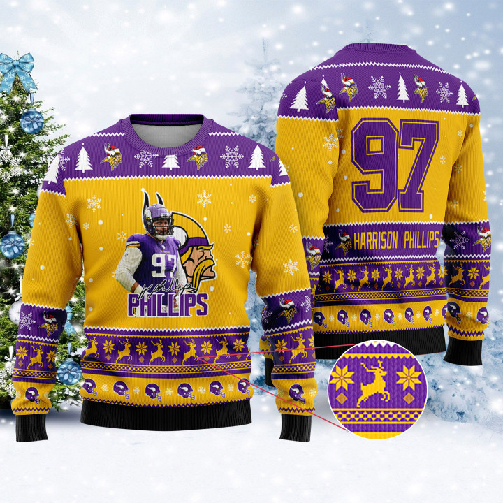 Minnesota Vikings - Harrison Phillips Custom Name And Number Christmas Sweater