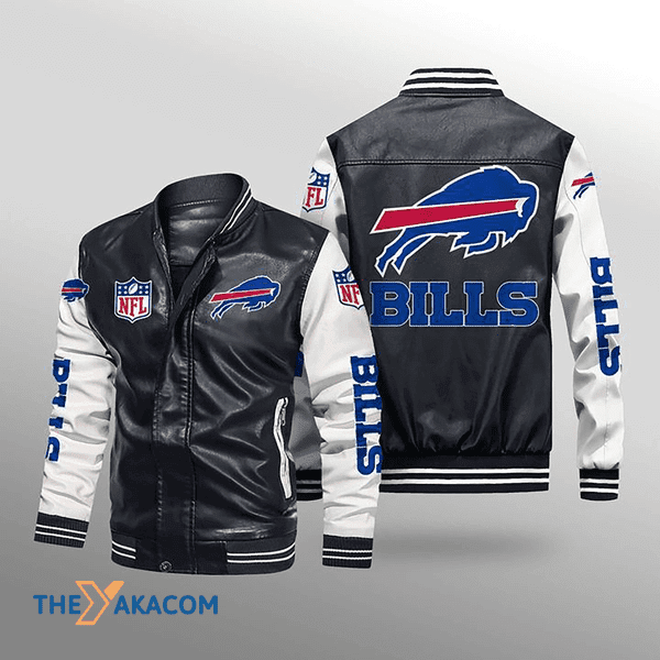 American Football Team Bisons Bills Gift For Fan  Team Many Symbol Leather Bomber Jacket Outerwear Christmas Gift