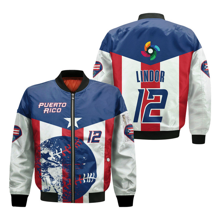 Puerto Rico Flag Pattern Lindor #12 World Baseball Classic White Red And Blue 3D Bomber Jacket