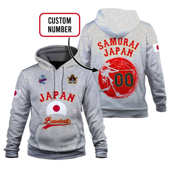 Japan Baseball Flag Pattern Custom Name Number Samurai Japan World Baseball Classic Gray Unisex 3D Hoodie