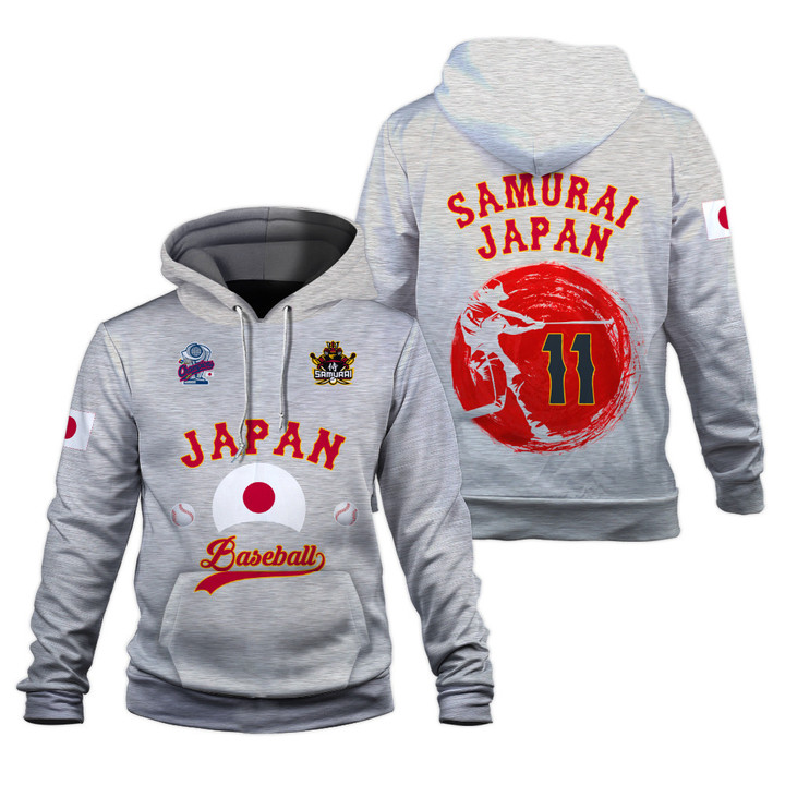 Japan Baseball Flag Samurai Japan Yu #11 World Baseball Classic Gray 3D Hoodie