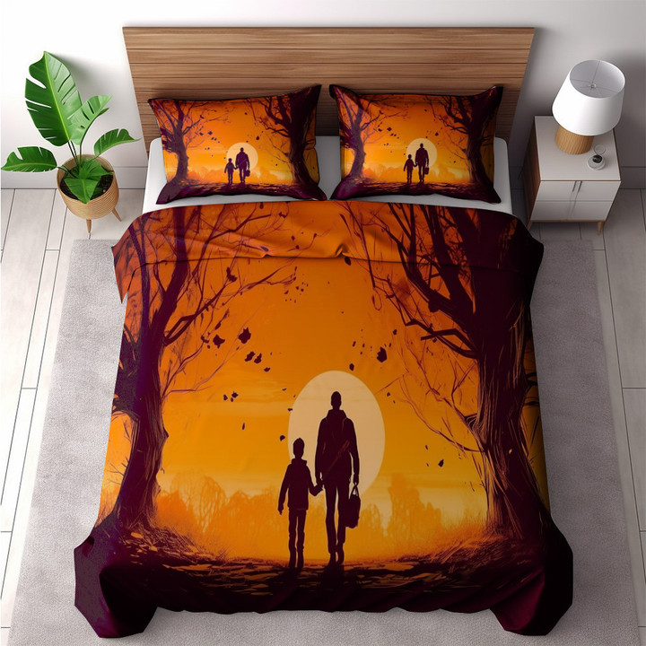 A Man With Son Walking Through Trees Printed Bedding Set Bedroom Decor Fathers Day