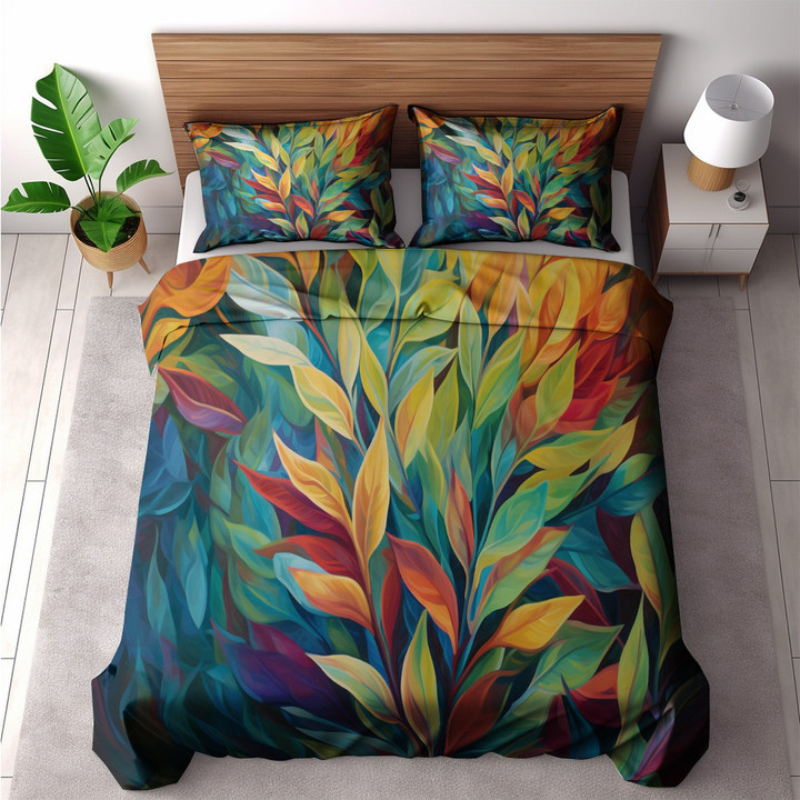 Abstract Vibrant Leaves Printed Bedding Set Bedroom Decor Nature Painting Design