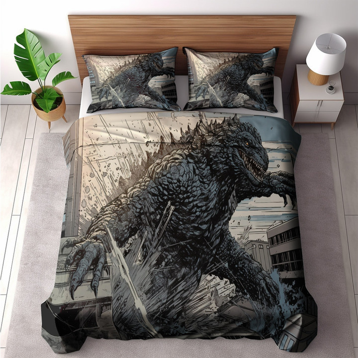 A Godzilla Breaking Building Printed Bedding Set Bedroom Decor Drawing Design